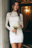 Vintage Ivory Bodycon Lace Short Wedding Dress with Sleeves High Neck Bachelorette Dress